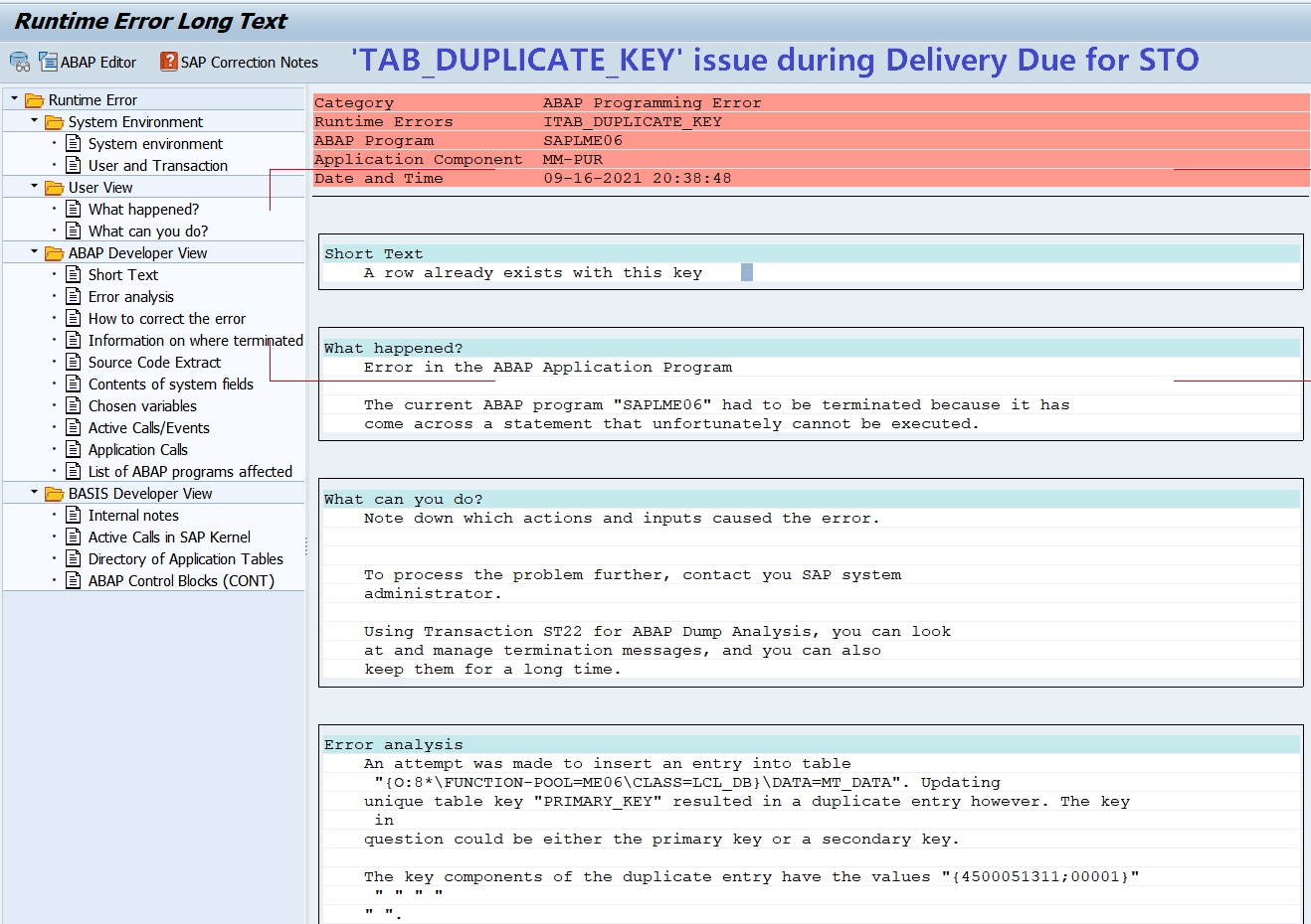 TAB DUPLICATE KEY issue during Delivery Due for SAP Community