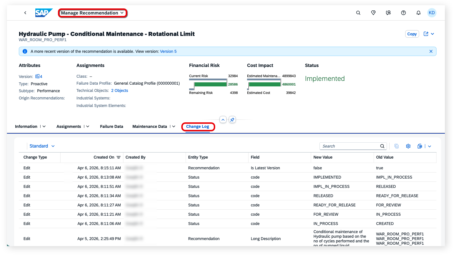 New Change Log Tab Page In The Manage Recommendations Application