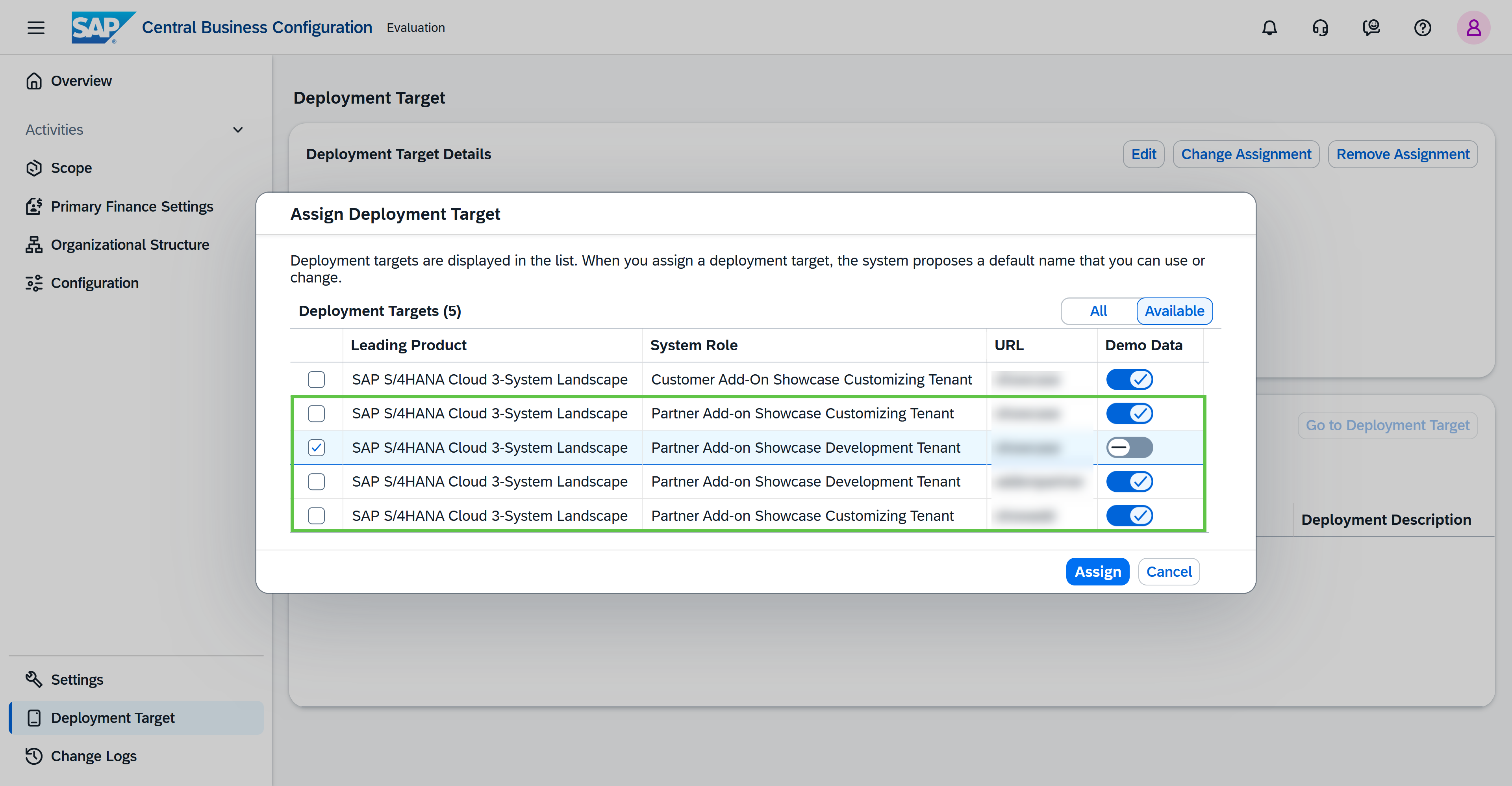 Demo Data Selection In The Assign Deployment Target Activity