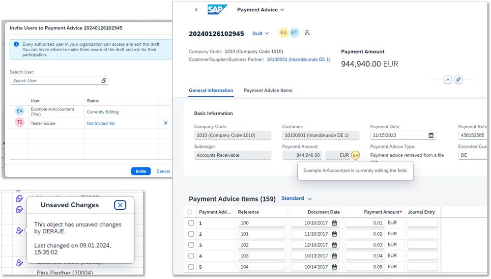 Figure 30: Collaborative draft. On the top left you see how you can invite colleagues to edit the draft with you. The image on the right shows how you can see who else is editing the object, in this case “Payment Advice”, and which field they are currently editing. On the bottom left you can see the new indicators in grid tables.